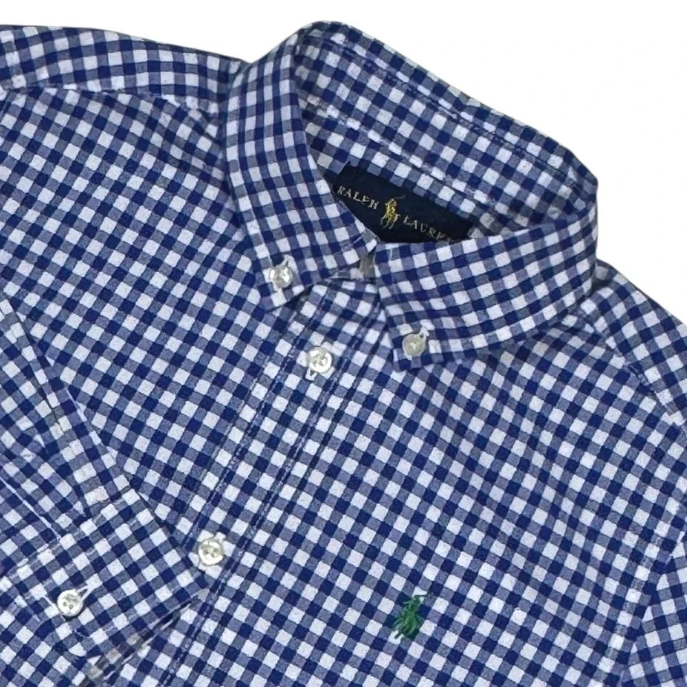 Ralph Lauren Boys Blue White Gingham Button Down Shirt Size 7 Long Sleeves Pony